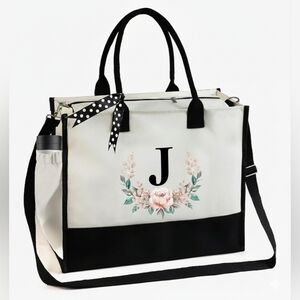 Monogrammed Floral Letter -J- Canvas Tote Bag Zipper Pocket Side Pouch Gift NWT